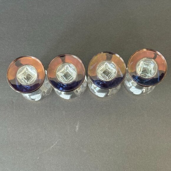 Vintage Gold Rim Etched Glass Cordial Goblets Set Of 4 With Iridescent Base - Picture 4 of 6